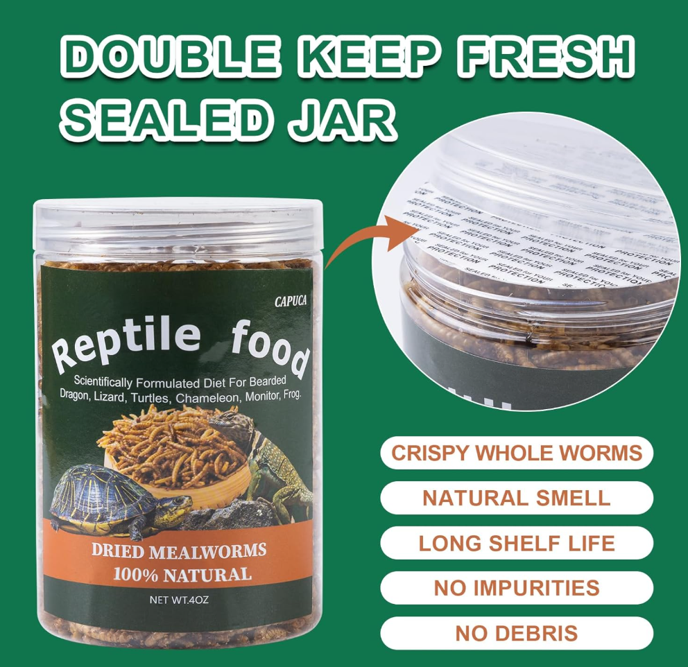 Dried Mealworms for Reptiles & Small Pets - 100% Natural High Protein Food for Bearded Dragons,Turtles, Lizards, Hamsters & Hedgehogs (4oz) Capuca