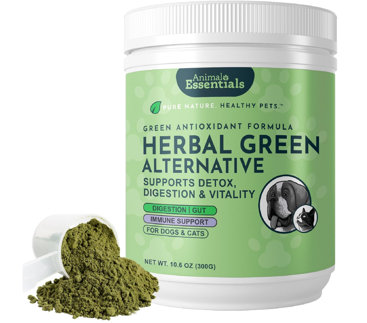 Animal Essentials Herbal Green Alternative for Dogs & Cats - Super Greens Powder Herbal Supplement with Spirulina, Antioxidants, Chlorophyll - 12 Oz AnimalEssentials