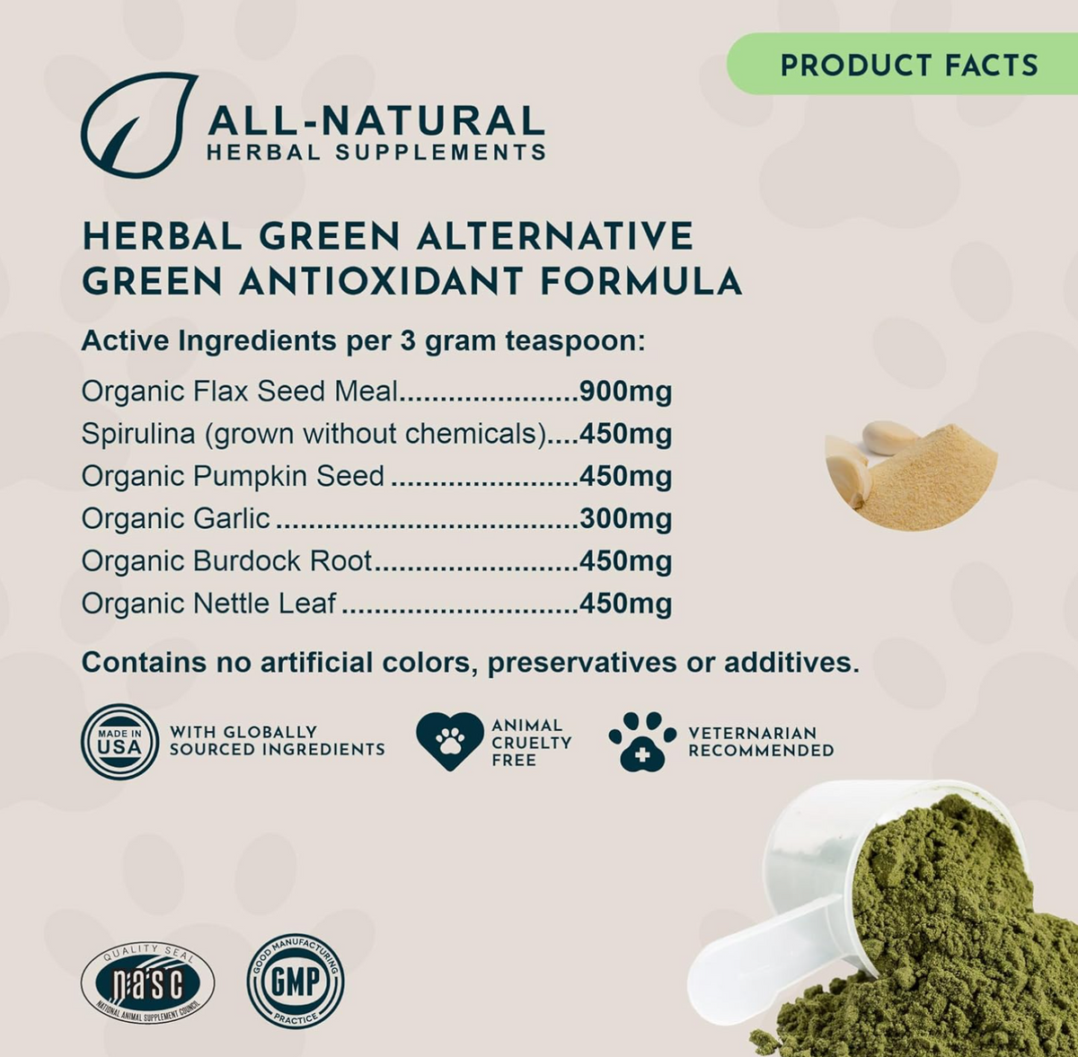 Animal Essentials Herbal Green Alternative for Dogs & Cats - Super Greens Powder Herbal Supplement with Spirulina, Antioxidants, Chlorophyll - 12 Oz AnimalEssentials