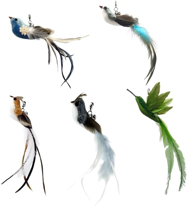 Deluxe Bird Replacement Heads for Cat Toys - Set of 5 - Realistic Feather Designs Including Blue Floral, Two-Tone, Traditional, Black & White, Green Hummingbird - Easy Clip-On - PAWPICO