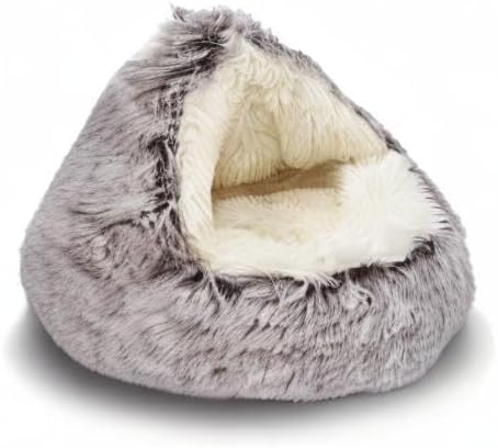 ShinHye Cat Bed Round Plush Fluffy Hooded Cat Bed Cave, Cozy for Indoor Cats or Small Dog beds, Soothing Pet Beds Doughnut Calm Anti-nxiety Dog Bed - Waterproof Bottom Washable (26×26inch, Coffee) - PAWPICO