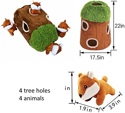 Fox in Tree Hide and Seek Dog Toy for Small and Medium Size Dogs, Plush Fox Inside Trunk Dog Toy with Squeaker, Interactive Burrow Dog Toy (Tree with Fox, Medium) - PAWPICO