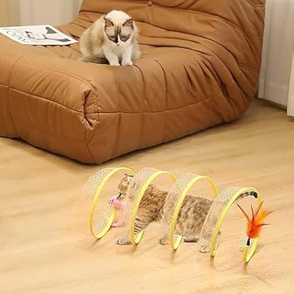 2Pcs Folded Cat Tunnel Toy for Indoor Cats,Collapsible Pet Spring Cat Toys with Feather Mouse Upgrade Interactive Toy Playing Tent for Puppy Kitten Accessories Home Self-Happy Cat Toys (Yellow) - PAWPICO