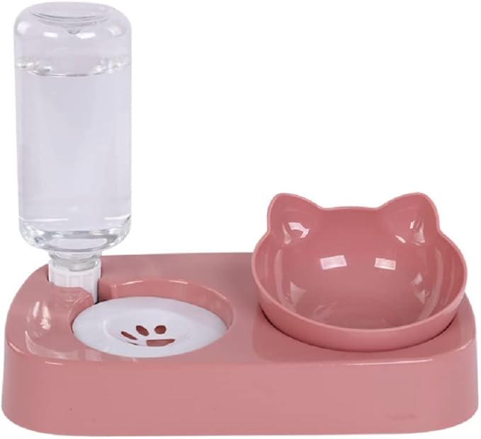 Pet Food Bowl and Water Bottle Set, Double Cat Dog Food Bowl with Automatic Gravity Water Dispenser Bottle, Detachable Tilted Raised Food Bowl for Small Medium Size Puppy Pet Dogs Cats (Pink) - PAWPICO