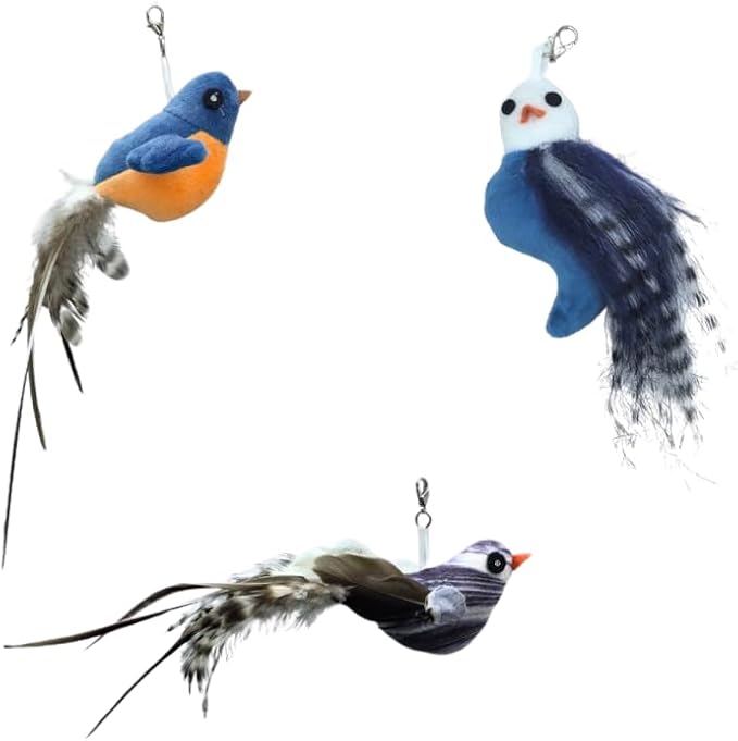 Chirping Bird Replacement Heads for Cat Toys - Set of 3 - Realistic Calling Bird Sounds, Vibrant Feather Designs, Easy Clip-On for Endless Fun - PAWPICO