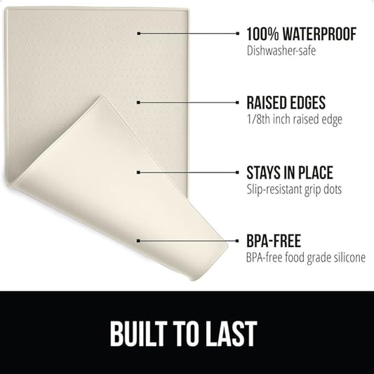 Gorilla Grip 100% Waterproof Raised Edge BPA Free Silicone Pet Feeding Mat, Dog Cat Food Mats Contain Spills Protects Floors, Placemats for Cats and Dogs Water Bowl, Pets Accessories 16x10, Cream - PAWPICO