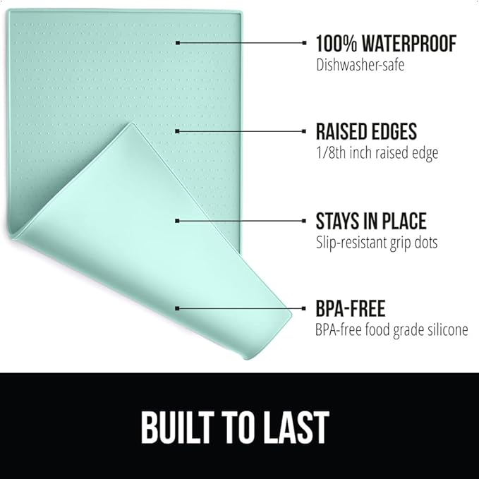 Gorilla Grip 100% Waterproof Raised Edge BPA Free Silicone Pet Feeding Mat, Dog Cat Food Mats Contain Spills Protects Floors, Placemats for Cats and Dogs Water Bowl, Pets Accessories 18.5x11.5 Mint - PAWPICO