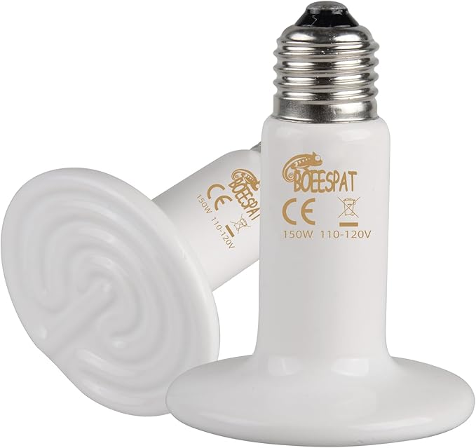 Energy Efficient 150W Heat Lamp Bulbs, Pack of 2 Ceramic Heat Emitters for Reptiles Geckos, Lizard, Bearded Dragon, Tortoise & Small Pets Basking (White, 150 Watts) BOEESPATDirect