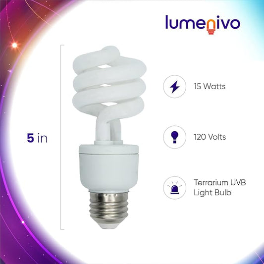 lumenivo 15 Watt UVB Reptile Light 5.0 15W Spiral Reptile Heat Terrarium Light Bulbs for Turtles, Gecko, Tortoise, Snake, Lizard, Chameleons, and Insects - 120V - 5 Pack Lumenivo