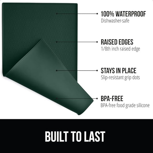 Gorilla Grip 100% Waterproof Raised Edge BPA Free Silicone Pet Feeding Mat, Dog Cat Food Mats Contain Spills Protects Floors, Placemats for Cats and Dogs Water Bowl, Pets Accessories 18.5x11.5 Green - PAWPICO