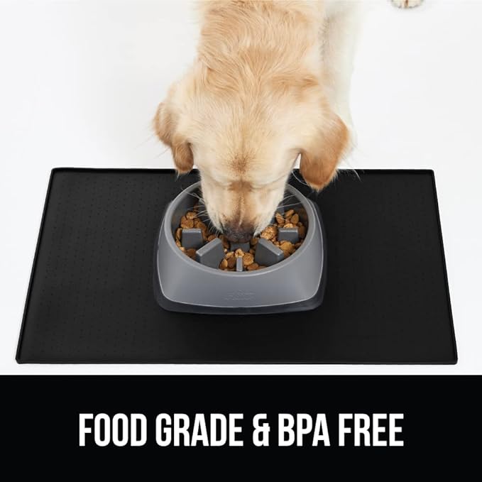 Gorilla Grip 100% Waterproof Raised Edge BPA Free Silicone Pet Feeding Mat, Dog Cat Food Mats Contain Spills Protects Floors, Placemats for Cats and Dogs Water Bowl, Pets Accessories 18.5x11.5 Black - PAWPICO