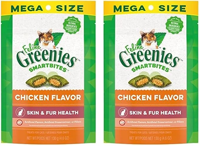 Greenies Feline Smartbites Skin & Fur Crunchy and Soft Natural Cat Treats, Chicken Flavor, 4.6 oz. Pack (Pack of 2) GREENIES