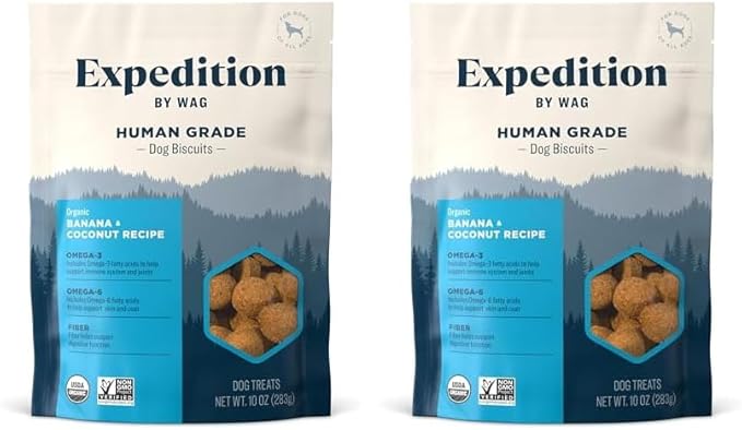 Amazon Brand - Wag Expedition Human Grade Organic Biscuits Dog Treats, Non-GMO, Gluten Free, Banana & Coconut, 10oz (Pack of 2) - PAWPICO