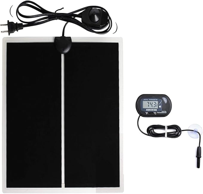 MQ Reptile Terrarium Heat Pad with LCD Digital Aquarium Thermometer, 6 x 11in Power Adjustment Under Tank Heater Mat for Pets, Small Animals, Seedling, 7W MQ