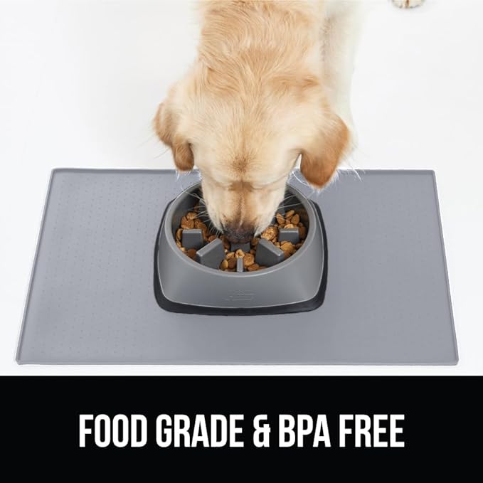 Gorilla Grip 100% Waterproof Raised Edge BPA Free Silicone Pet Feeding Mat, Dog Cat Food Mats Contain Spills Protects Floors, Placemats for Cats, Dogs Water Bowl, Pets Accessories 16x10, Light Gray - PAWPICO