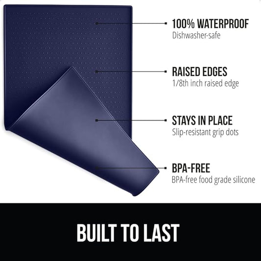 Gorilla Grip 100% Waterproof Raised Edge BPA Free Silicone Pet Feeding Mat, Dog Cat Food Mats Contain Spills Protects Floors, Placemats for Cats and Dogs Water Bowl, Pets Accessories 18.5x11.5 Navy - PAWPICO