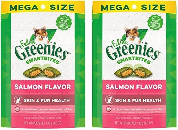 Greenies Feline Smartbites Skin & Fur Crunchy and Soft Natural Cat Treats, Salmon Flavor, 4.6 oz. Pack (Pack of 2) GREENIES