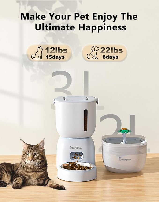 Automatic Cat Feeder and Water Dispenser FW1, 3L Cat Food Dispenser with Locking Lid, Two-in-One Set Timed Cat Feeder for Cats and Puppies, Pet Feeder with Portion Control, 4 Daily Meals - PAWPICO