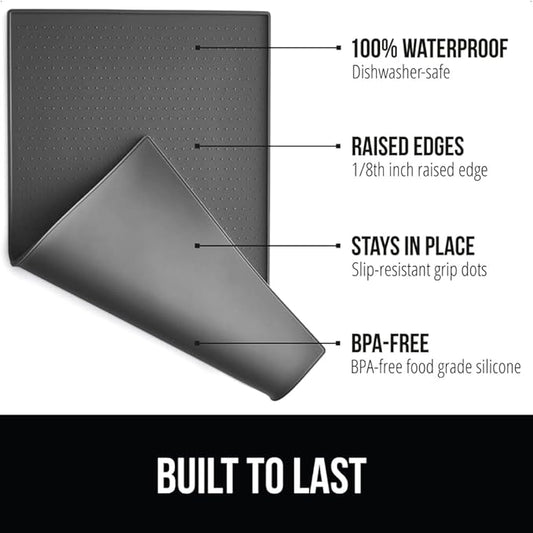Gorilla Grip 100% Waterproof Raised Edge BPA Free Silicone Pet Feeding Mat, Dog Cat Food Mats Contain Spills Protects Floors, Placemats for Cats and Dogs Water Bowl, Pets Accessories 32x24 Charcoal - PAWPICO