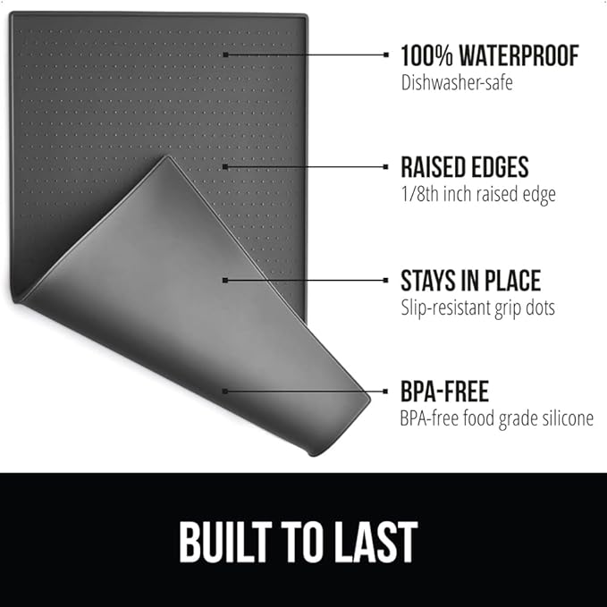 Gorilla Grip 100% Waterproof Raised Edge BPA Free Silicone Pet Feeding Mat, Dog Cat Food Mats Contain Spills Protects Floors, Placemats for Cats and Dogs Water Bowl, Pets Accessories 16x10, Charcoal - PAWPICO