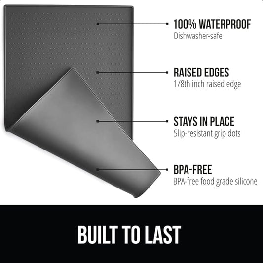 Gorilla Grip 100% Waterproof Raised Edge BPA Free Silicone Pet Feeding Mat, Dog Cat Food Mats Contain Spills Protects Floors, Placemats for Cats and Dogs Water Bowl, Pets Accessories 16x10, Charcoal - PAWPICO