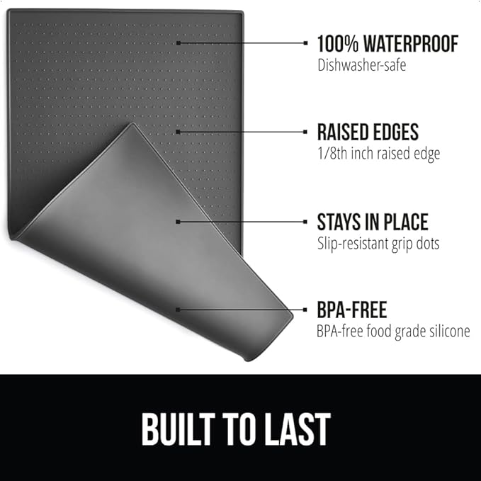 Gorilla Grip 100% Waterproof Raised Edge BPA Free Silicone Pet Feeding Mat, Dog Cat Food Mats Contain Spills Protects Floors, Placemats for Cats and Dogs Water Bowl, Pets Accessories 23x15 Charcoal - PAWPICO