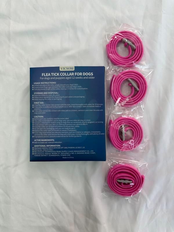 VICSOM 4 Pack Flea Collar for Dogs, Flea and Tick Collar for Dogs, 32 Months Flea and Tick Prevention for Dogs, Dog Flea and Tick Treatment, Water-Resistant & Adjustable Dog Flea Collar - Pink VICSOM