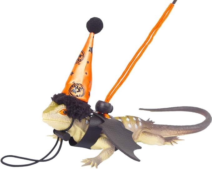ADOGGYGO Halloween Bearded Dragon Lizard Leash Harness Hat Set - Bearded Dragon Clothe Halloween Pumpkin Hat + 3 Pack Reptile Harness Leash for Bearded Dragon Lizard Reptile (Halloween) ADOGGYGO
