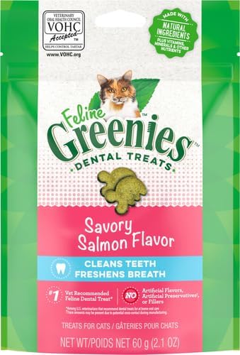 FELINE GREENIES Adult Natural Dental Care Cat Treats, Savory Salmon Flavor, 2.1 oz. Pouch GREENIES