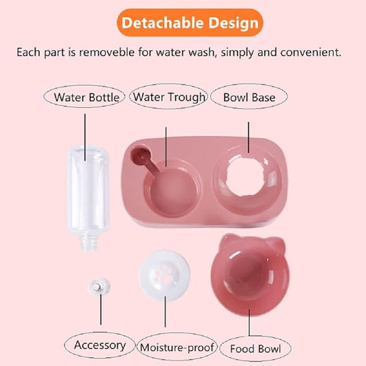 Pet Food Bowl and Water Bottle Set, Double Cat Dog Food Bowl with Automatic Gravity Water Dispenser Bottle, Detachable Tilted Raised Food Bowl for Small Medium Size Puppy Pet Dogs Cats (Pink) - PAWPICO