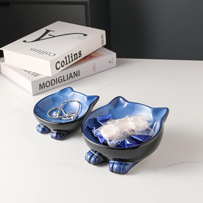 Nihow Ceramic Basic Cat Bowls: 6.25 Inch Cat Bowl for Food & Water - Food Grade Cat Dish for Large-Sized Cat/Medium-Sized Dog - Microwave & Dishwasher Safe -Elegant Blue & Black (8.5 OZ /1 PC) - PAWPICO