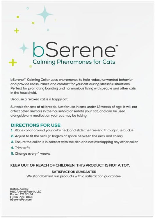 Pheromone Calming Collar for Cats Up to 30 Days Stress Relief Promotes Calmness, Reduces Hiding, Excessive Meowing, Urine Marking, Aggression, Travel Stress Drug-Free, Vet-Tested bSereneCalmingforCatsandDogs