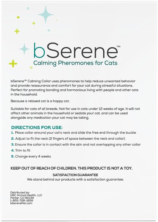 Pheromone Calming Collar for Cats Up to 30 Days Stress Relief Promotes Calmness, Reduces Hiding, Excessive Meowing, Urine Marking, Aggression, Travel Stress Drug-Free, Vet-Tested bSereneCalmingforCatsandDogs