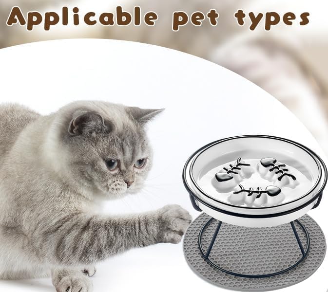 Cat Slow Feeder, Elevated Cat Food Bowl Raised Design, Dog Slow Feeder Bowl with Metal Stand, No Black Chin, Anti Vomit, Shallow Whiksker Friendly for Wet and Dry Food for Indoor Cat - PAWPICO