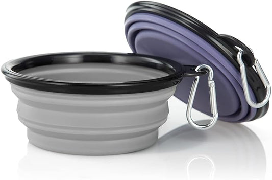 Dog Bowl Pet Collapsible Bowls, 2 Pack Collapsible Dog Water Bowls for Cats Dogs, Portable Pet Feeding Watering Dish for Walking Parking Traveling with 2 Carabiners (Small, Purple & Concrete Gray) - PAWPICO