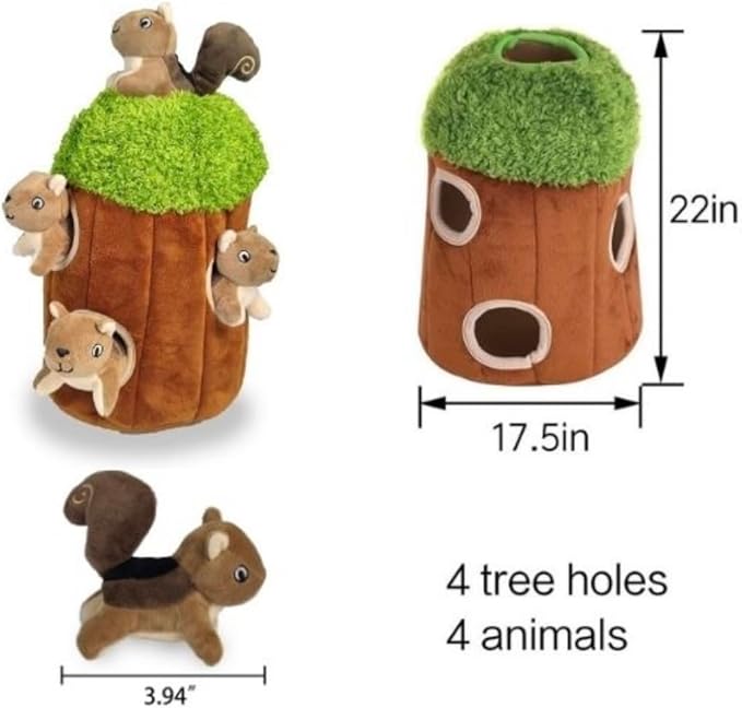 Squirrel in Tree Hide and Seek Dog Toy for Small and Medium Size Dogs, Plush Squirrel Inside Trunk Dog Toy with Squeaker, Interactive Burrow Dog Toy (Tree with Squirrels, Medium) - PAWPICO