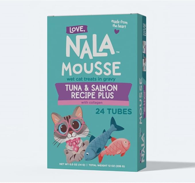 LOVE, NALA - Skin & Coat Health - Tuna & Salmon Plus Collagen Mousse - Lickable Cat Squeeze Up Wet Food Puree Treat, Topper - Grain Free, Fiber, Minerals, Vitamins - 24 Pack 15.2 oz. - PAWPICO
