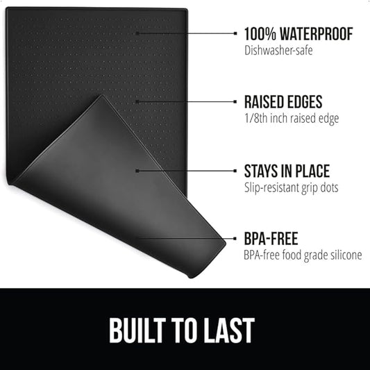 Gorilla Grip 100% Waterproof Raised Edge BPA Free Silicone Pet Feeding Mat, Dog Cat Food Mats Contain Spills Protects Floors, Placemats for Cats and Dogs Water Bowl, Pets Accessories 18.5x11.5 Black - PAWPICO