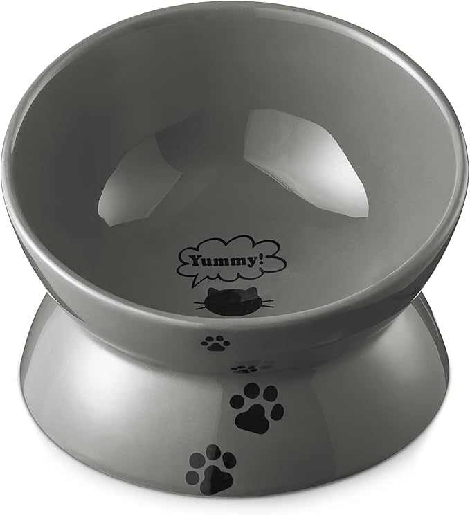 Y YHY Raised Cat Food Bowl, Ceramic Elevated Cat Bowl, Title Angle Protect Cat's Spine, Anti Vomiting Cat Dish, Backflow Prevention, Grey - PAWPICO