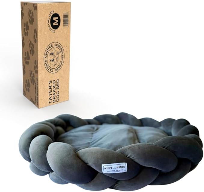 Tater's Choice 32" Dog Bed - Premium Braided Dog Bed - Luxurious and Durable Pet Beds with Plush Polyester Filling, Non-Slip Base, and Stylish Design, Washable Mattress, Charcoal Grey, 32 inch, Medium - PAWPICO