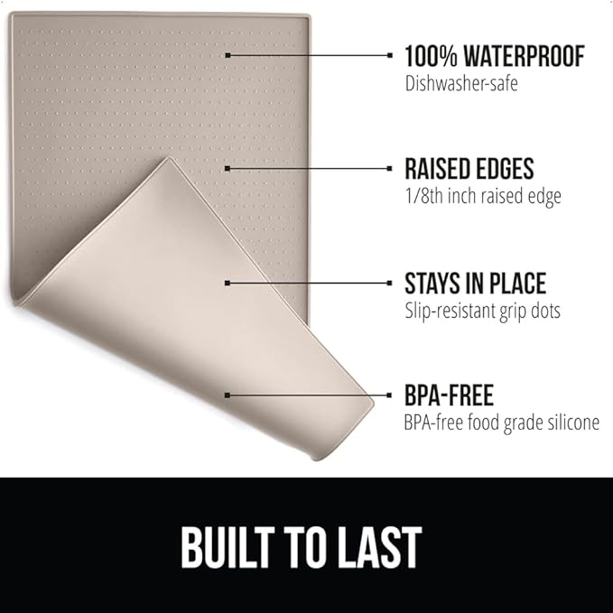 Gorilla Grip 100% Waterproof Raised Edge BPA Free Silicone Pet Feeding Mat, Dog Cat Food Mats Contain Spills Protects Floors, Placemats for Cats and Dogs Water Bowl, Pets Accessories 18.5x11.5 Beige - PAWPICO