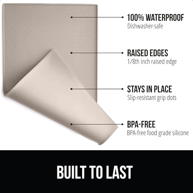 Gorilla Grip 100% Waterproof Raised Edge BPA Free Silicone Pet Feeding Mat, Dog Cat Food Mats Contain Spills Protects Floors, Placemats for Cats and Dogs Water Bowl, Pets Accessories 16x10, Beige - PAWPICO