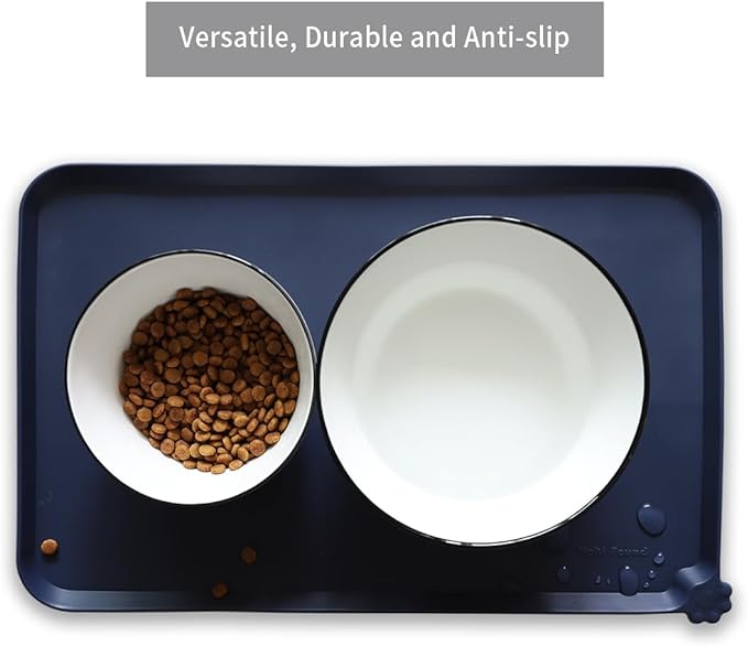 Hoki Found Silicone Pet Food Mats Tray - High-Lips Pet Dog Cat Bowl Mats - Dog Pet Cat Feeding Mat - Waterproof Dog Cat Food Mats -Pet Water Mats for Floors - French Navy - PAWPICO