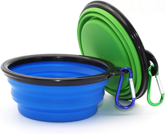 Dog Bowl Pet Collapsible Bowls, 2 Pack for Cats Dogs, Portable Pet Feeding Watering Dish for Walking Parking Traveling with 2 Carabiners (Small, Blue+Green) - PAWPICO