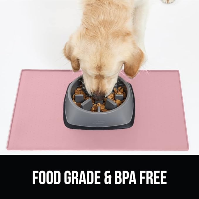 Gorilla Grip 100% Waterproof Raised Edge BPA Free Silicone Pet Feeding Mat, Dog Cat Food Mats Contain Spills Protects Floors, Placemats for Cats and Dogs Water Bowl, Pets Accessories 28x18 Pink - PAWPICO