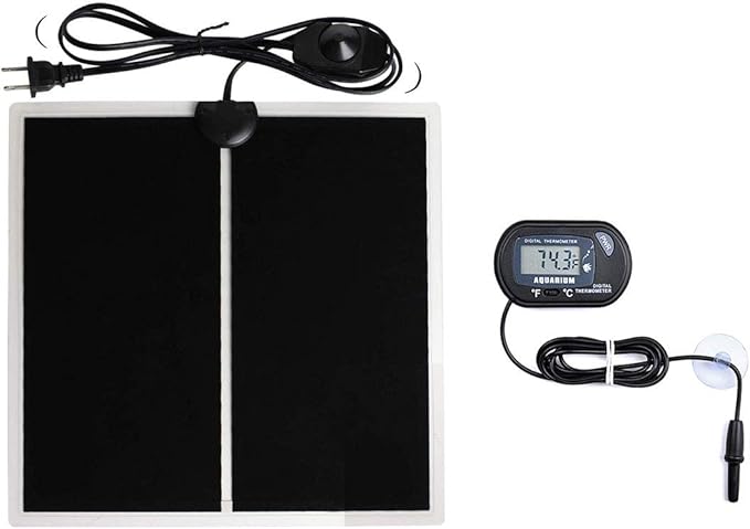MQ Reptile Terrarium Heat Pad with LCD Digital Aquarium Thermometer, 11 x 11in Power Adjustment Under Tank Heater Mat for Pets, Small Animals, Seedling, 14W MQ