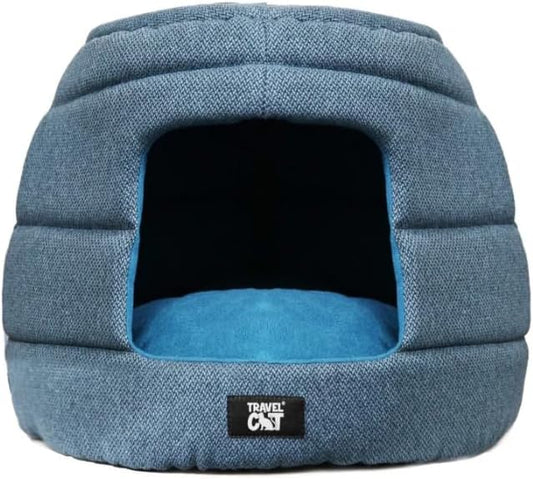 Travel Cat Meowbile Indoor Cat House - 25x18x17 inches Premium Convertible and Durable Hideaway Cat Bed and Cave (Blue, Medium) - PAWPICO