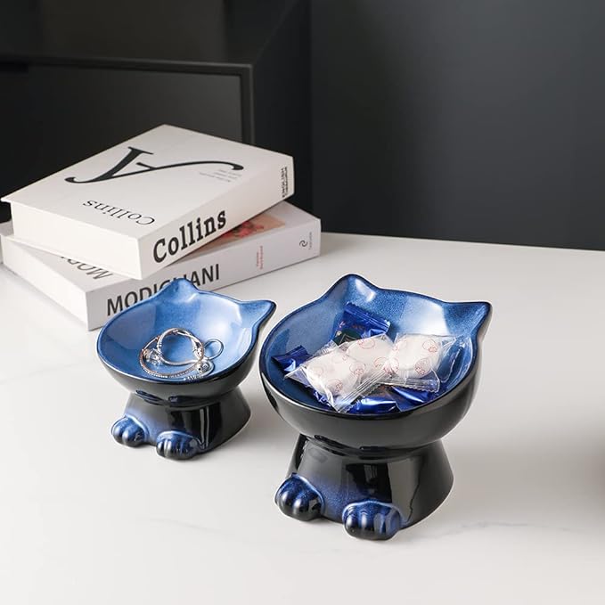 Nihow Elevated Cat/Dog Bowls Set : 5 Inch Ceramic Raised Cat Food and Water Bowl Set for Protecting Pet's Spine - Feeding & Watering Supplies for Pets- Elegant Blue & Black (2PC) - PAWPICO