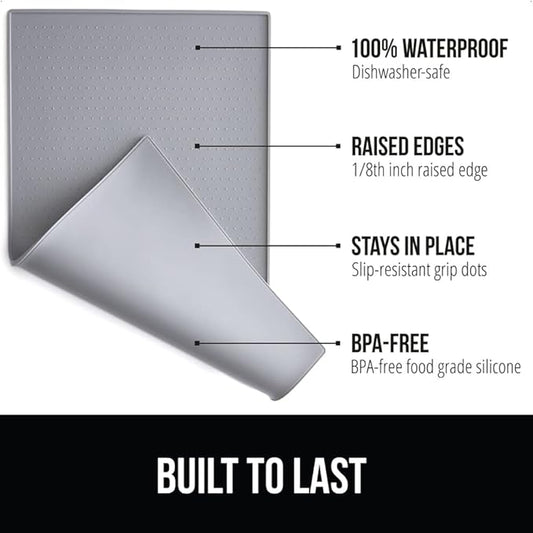 Gorilla Grip 100% Waterproof Raised Edge BPA Free Silicone Pet Feeding Mat, Dog Cat Food Mats Contain Spills Protects Floors, Placemats for Cats and Dogs Water Bowl, Pets Accessories 18.5x11.5 Gray - PAWPICO