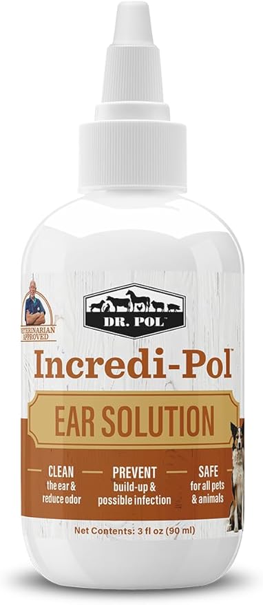 Dr. Pol Incredi-Pol Dog and Cat Ear Solution - Safe and Effective Ear Care Solution to Clean Ears and Prevent Ear Problems in Dogs, Cats, Horses, and More - 3 Fluid Ounces DrPol